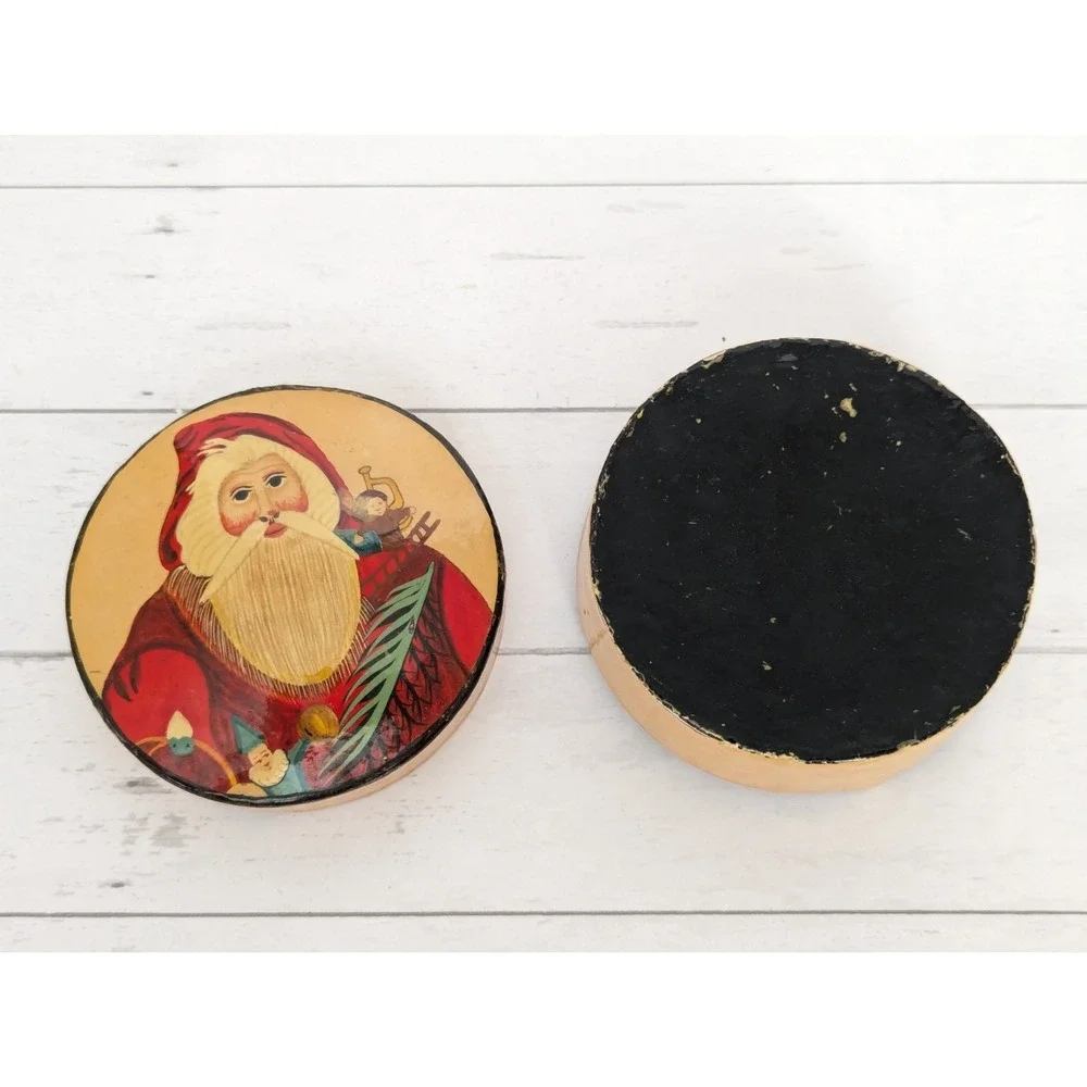 Vtg Hand Painted Paper Mache Lacquer Trinket Box Santa Christmas Box Lid India
